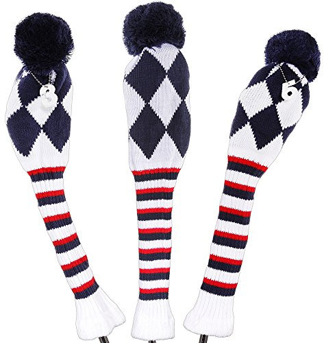 Set di 3 copritesta per mazze da golf a pon pon per driver e legni da golf, Blue-White