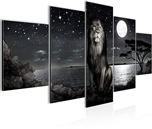 Runa Art Wandbilder Afrika Löwe 5 Teilig Bild auf Vlies Leinwand Deko Wohnzimmer Schlafzimmer Savanne Schwarz Weiss 022952c