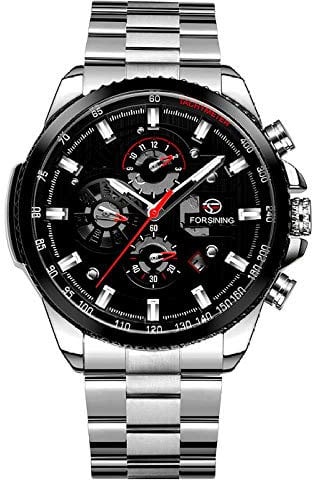 Armbanduhren,Blue Ocean Silver Edelstahl 3 Zifferblatt Kalender Herren Automatik Automatik Automatikuhr, Silber Schwarz