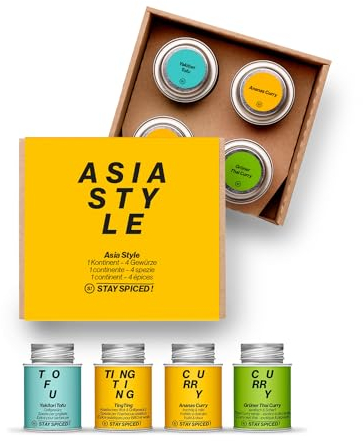 STAY SPICED ! Gewürzbox Asia aus 4 ausgewählten Gewürzen | Geschenkset Gewürze | inkl. unserem beliebten Madras Curry, Tofu Gewürz, Thai Curry und Wok- & Grillgewürz