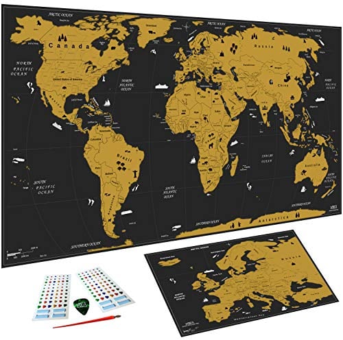 WIDETA Weltkarte zum Rubbeln XXL (82 x 43 cm)/ Bonus Karte von Europa, Rubbelwerkzeuge und Aufkleber