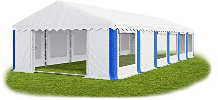 Das Company Partyzelt 6x12m Lagerzelt Universalzelt Pavillon mit Moskitonetz weiß-blau mit Bodenrahmen und Dachverstärkung Pavillon Zelt 240g/m² PE Plane wasserdicht Gartenzelt Summer Plus IPEM