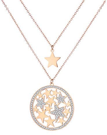 Ouran Star Pendant Necklace for Women, Double Layers Rose and Gold Silver Plated Stainless Steel Chain Necklace with Crystal