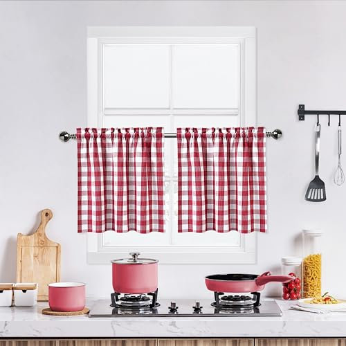 Bapawfish Stufen-Vorhänge, Büffelkaro, 61 cm lang, für Küche, Gingham-Bauernhaus, Stangentasche, Halbfenster, Café-Vorhänge für Fenster, 71,1 x 61 cm, Rot/Weiß, 2 Stück