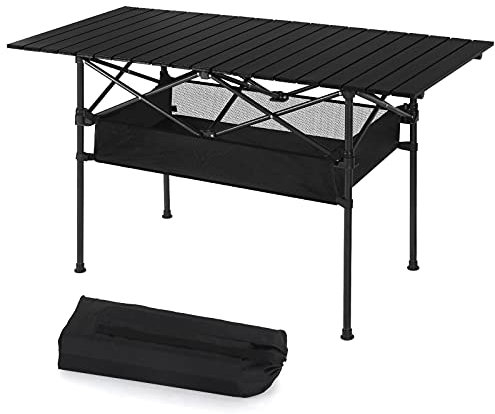 LIANTRAL Campingtisch, tragbar, Aluminium, aufrollbar, Picknick-Rucksack-Tisch mit Netz-Aufbewahrungstasche, 118,1 x 68,1 x 55,1 cm, Schwarz
