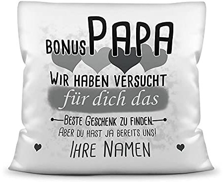 PR Print Royal Kissen mit Füllung Bonus Papa von mehr Kindern - Personalisiert mit Wunschnamen in Grau - zum Geburtstag und Vatertag - Kissen Polyester weiß - glatt, 40 x 40 cm