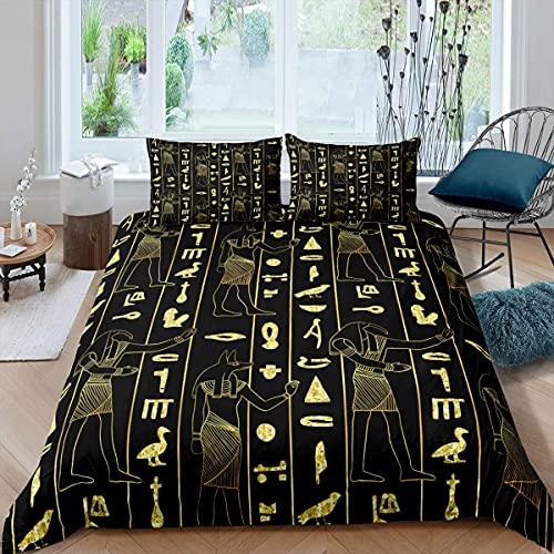 Loussiesd Antikes Ägypten Bettbezug Set Ägyptische Symbol Bettbezug Vintage Pharao Pyramide Bettwäsche Set 135x200cm Boho Stammes Bettbezug mit 1 Kissenbezüge, Gold Schwarz