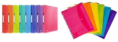 Oxford Ringbuch A4, Rückenbreite 2 cm, 2 Ringe, Kunststoff, 8 Farben, 10 Stück & Dokumenten-Mappen A4, Taschen mit Klett-Verschluss, zum Abheften, sortiert, 6er Pack