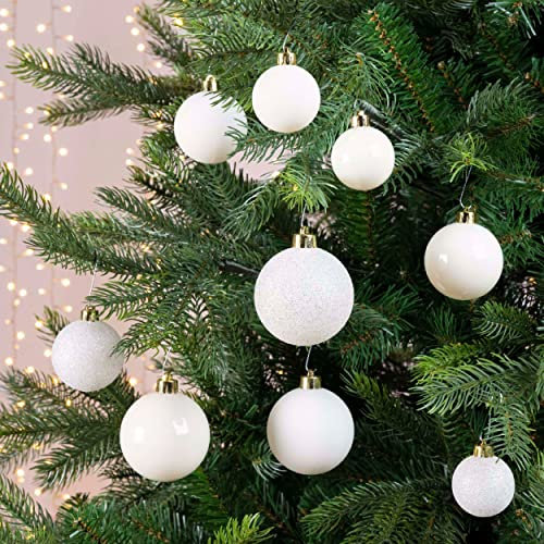 Pack Of 30 Winter White Christmas Tree Baubles White Shatterproof Tree Decorations Glitter Shiny Mix Ornaments