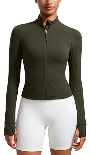 CRZ YOGA Damen Butterluxe Full Zipper Sport Jacke Zip Tasche Crop Running Laufjacke Gym Langarmshirt Sweatjacke mit Daumenloch Olivgrün 40