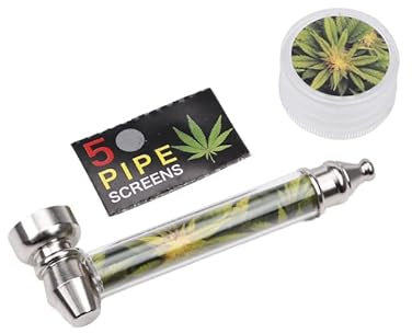 Pur-Pfeifen Set | Hochwertige Glaspfeife | Grinder/Crusher | 5 Edelstahlsiebe | Gebrauch von Tabakwaren (schwarzgelb)