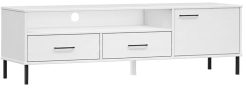 vidaXL Meuble TV avec Pieds en métal Blanc Bois de pin Massif Oslo, Support TV, Armoire média, Armoire HiFi, unité TV, Meuble multimédia