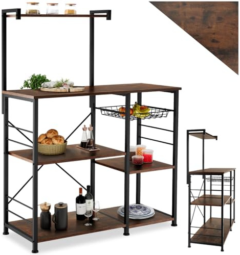 tectake® Étagère de Cuisine 90 x 40 x 131,5 cm, 6 Étagères et Panier grillagé Coulissant, Meuble Cuisine Style Industriel Minimaliste, Etagere Bois et Acier, Meuble de Rangement sur Pieds, Bois foncé