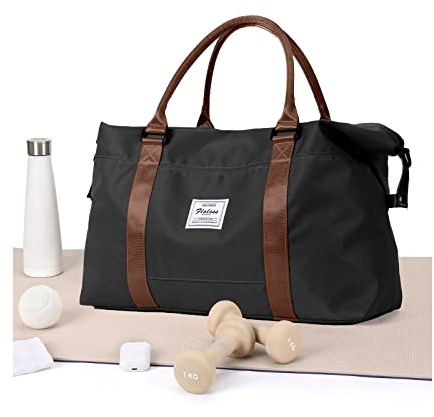 Reisetasche Damen Handgepäck Tasche Sporttasche Weekender Bag Schwimmtasche Wasserdicht Travel Bag Duffle Bag Fitnesstasche Trainingstasche Krankenhaustasche,A09-Schwarz Braun