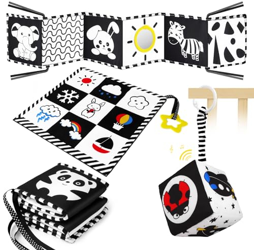 Aolso Black & White Stoff-Buch, 3 Stück Bilderbuch aus Stoff mit Beißring, Kontrastbuch Schwarz Weiß, Wahrnehmungs-Lernspielzeug für Babys 0 6 Monate, Geschenke für Babys