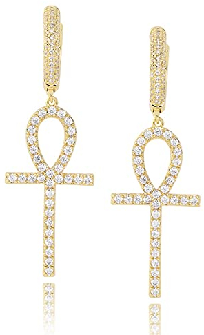 NOYOTA Zierliche Ohrstecker,Ohrringschmuck,Hypoallergenes S925-Sterlingsilber for Damen mit vollem Zirkon Kreuz Ankh-Creolen (Color : Gold)