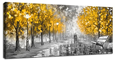 Cadre en Bois Impression Sur Toile Grandes Abstraite Tableau mural Image sur Toile Arbre jaune d'automne Peintures sur Toile abstraites Tableau Decoration Murale Salon Chambre à Coucher 50x120 cm