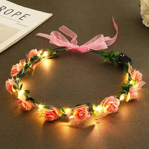 Vakkery Leuchtender Blumenkranz Haare LED Blumen Haarkranz Blinkende Festival Kopfschmuck Weihnachts Fasching Party Haarschmuck für Damen und Mädchen