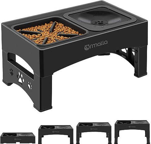 Ormalla Elevated Slow Feeder Dog Bowls, Adjustable Raised Dog Bowl with No Spill Dog Water Bowl, Non-Slip Dog Food Bowl Stand for Large Medium Small Dogs, 4 Heights 3.7”, 8.5”, 10.1”, 11.7”, Black