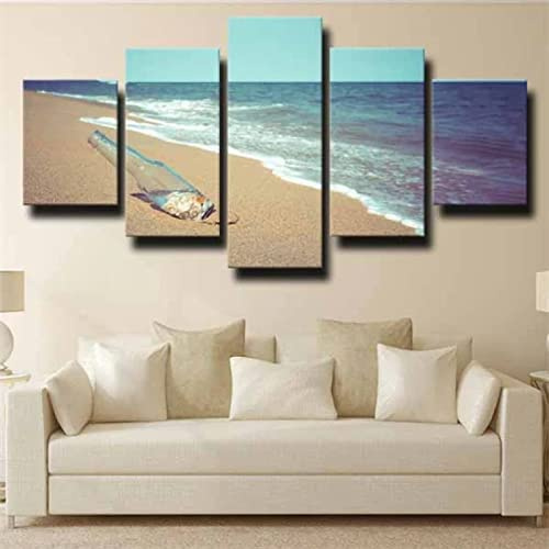 Toile Art Mural 5 Pièces Toile 5 Tableaux Bouteille En Verre De Plage Avec Des Pierres Avec Cadre 150 X 80 Cm 5 Panneau Mural Art Image Home Decor Pour Salon Photo Sur Toile Poster Des Illustrations