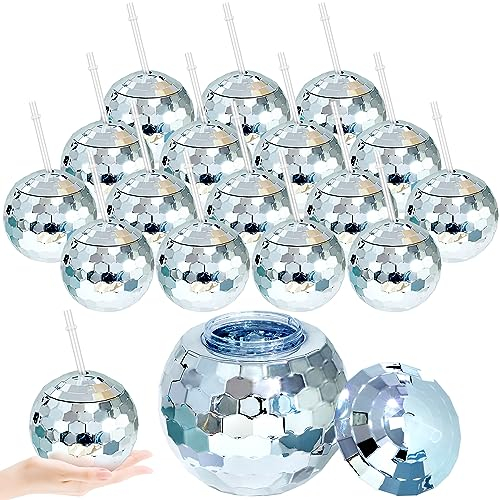 Breroa 16 Stück 70er Jahre Disco Flash Ball Getränkebecher mit Deckel und Strohhalm 590 ml Disco Party Becher 1970er Jahre Spiegel Disco Cocktail Becher Sparkly Glitter Disco Bar Party Supplies,