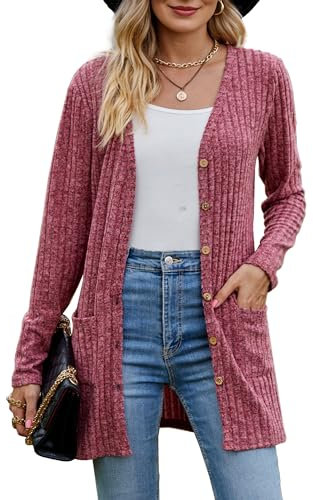 MYCOLORBLUE Alte Zeiten Strickjacken für Damen Elegant Cardigan Gerippt Langarm Knopfleiste mit Taschen Strickcardigan Wein XXL