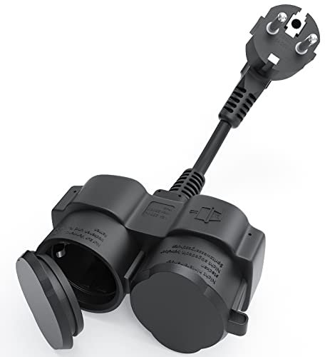 Rallonge Électrique UE, 1 vers 2 Multiprise, Rallonge Étanche Extérieure, IP44 Étanche, avec 2 Prises CA, Câble Court de 5 cm, 16A/250V, Convient pour Jardin, Garage, Extérieur, Noire