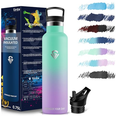 Grsta Gourde Isotherme, Gourde Sport 750ml, Bouteille Isotherme sans BPA, Gourde INOX Reutilisable, Gourde Metal pour Bureau, Gym, Voyage - avec Paille