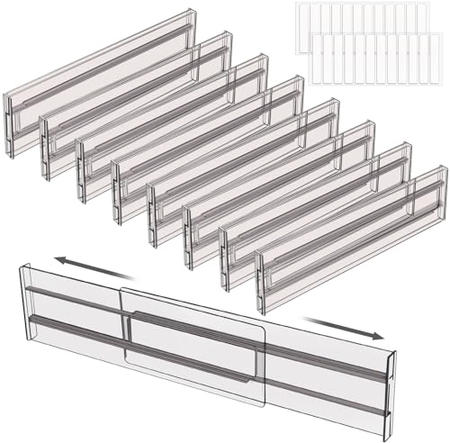 ZHHGOO Separadores de Cajones Ajustables,Juego de 8 Divisores de Organizador Cajones,Gris Transparente Divisor Cajones Expansible para Ordenacion Escritorios Cocina Cajón Baño Dormitorio