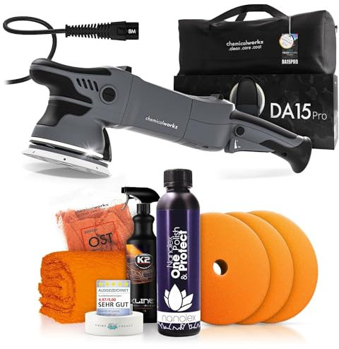 Poliermaschinen Set: chemicalworkz DA15 Pro Exzenter Poliermaschine + Nanolex One-Step Politur + Royal Pads Polierpads + Zubehör - Auto Lack Politur, Kratzer entfernen, Aufbereitung | 8-teilig