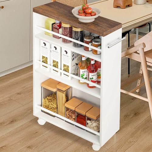 Shally Dogan Carrello Portaoggetti da Cucina Slim Design Industrial, Carrellino Multiuso Salvaspazio Nero con 4 Ripiani e Ruote Mobili a 360°, Scaffalatura Portatutto 50 x 16 x 80 cm (Bianco)