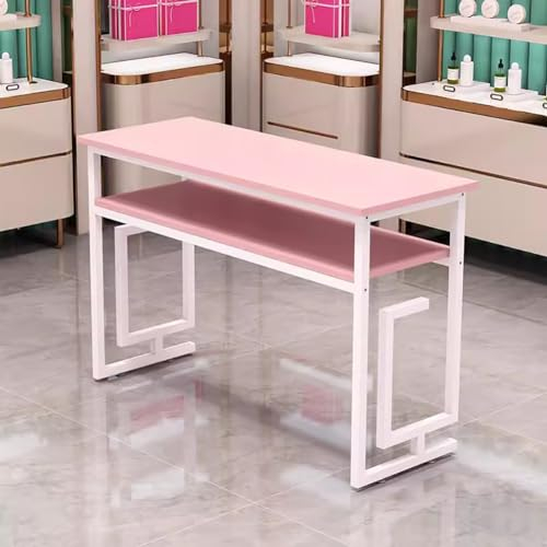 BOYITES Professional Nail Tech Work Table, Freestanding Manicure Table for Nail Salon, Modern Art Nail Workstation for Nail Technician, Simple Style Pedicure Desk with 2 Layers,Pink A 140cm