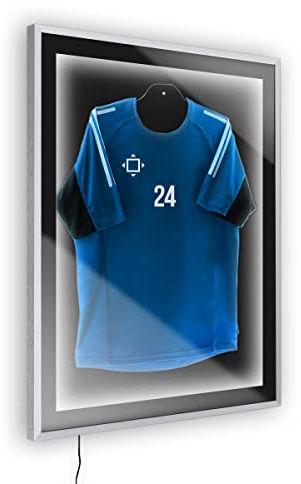 Bildershop-24 Objektrahmen Trikotrahmen aus Massivholz beleuchtet für Objekte bis 25mm VARIO46 3D inkl. Bügel, LED-Leiste und Passepartout 80x100cm Silber matt (lackiert) WM EM