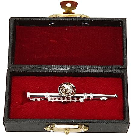 Miniatur-Silberflöten-Brosche, Flötenbrosche mit mit rotem Samt ausgeschlagenem Vintage-Instrumentenetui, Dekorative Miniaturflöte