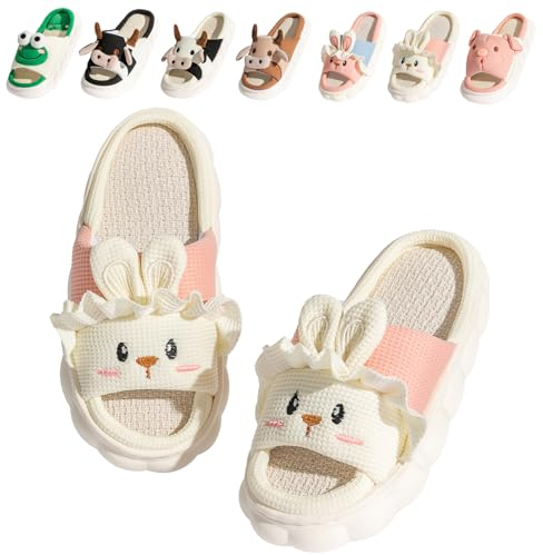 Fadezar Ciabatte Mucca/Rana/Coniglietto Estive Open Toe Donna Ciabatte da Casa Simpatico Cartone Animato Pantofole Antiscivolo Morbidi Lino di Cotone Slipper coniglio bianco EU 37-38 (38-39)