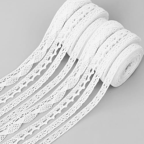 Omsscun 8 Rollen Spitzenband Vintage, 540M Spitzenborte, Baumwolle Dekoband Zierband Spitzenborte, für Hochzeit Tischdeko Basteln Geschenkband DIY Handwerk(1.2cm,1.4cm,1.5cm,2cm) (Weiß)