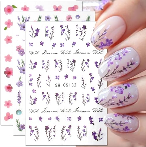 6 Blätter Rosa Lila Blume Nagelsticker Selbstklebend,Kirsche Blüte Blütenblatt Nageldesign Nail Sticker Frühling Sommer Schmetterling Blumen Nagelaufkleber Gänseblümchen Blatt Nagel Sticker Nail Art