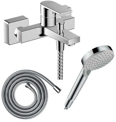 Hansgrohe Pack mitigeur Bain Douche mécanique Vernis Shape C2 + Flexible Metaflex + Pommeau Vernis Blend 100 EcoSmart 2jets chromé