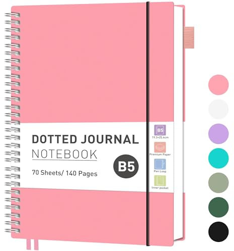 RETTACY Notizbuch B5 Gepunktetes, Bullet Dot Journal, Leichtgewicht Collegeblock, 70 Blatt / 140 Seiten Zum Schreiben, 100gsm, PVC Rinbuch, für Frauen Männer Arbeit Büro, 19.3x 25.4cm - Rosa