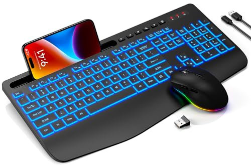 Wireless Keyboard and Mouse Combo- 7-Color Backlit, Wrist Rest, Rechargeable, Silent Light-Up Keys, RGB Mouse, Ergonomic Full Size Keyboard with Phone Holder for Windows, Mac, PC, Laptop - Trueque