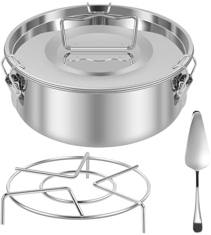 GUIJZSLTRG Flan Mold, Stainless Steel Flan Pan Mold with Lid and Handle, 1.5QT Large Capacity Flan Maker with Latch, Portable Cheesecake Pans with Rack and Spatula for Chocolate Cake Cupcake Pudding
