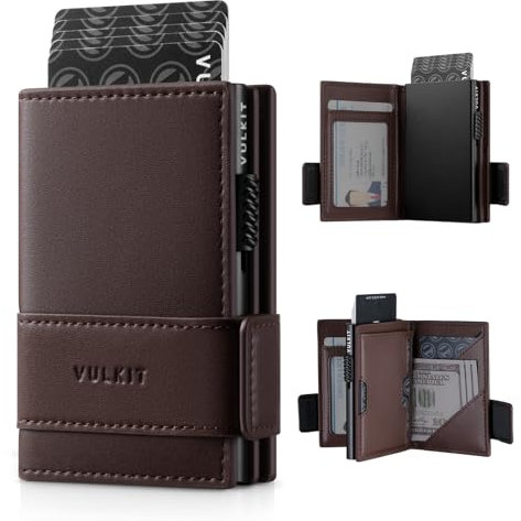VULKIT Porte-Cartes Portefeuille en Cuir à Deux Volets pour Homme avec Blocage RFID, étui en métal pour Cartes, Peut Contenir 9 Cartes et Billets, Poche zippée pour Pièces de Monnaie (Espresso)
