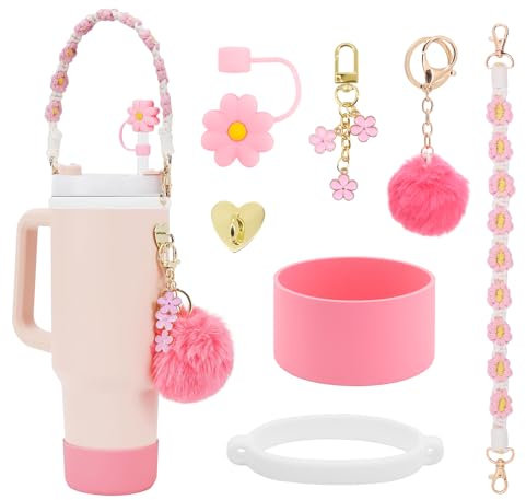 Yuhtech Accessories Set for Stanley Cup, Siliocone Straw Cover Boot & Water Bottle Handle Strap - Stanley Charms for 40oz & 30oz Tumbler (Pink)