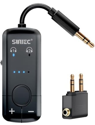 SUNITEC Airplane Bluetooth 5.3 Adapter Airfly Bluetooth Transmitter Supports 2 AirPods or Headphones with AptX Low Latency, 3.5mm AUX Wireless Audio Transmitter for Travel,TV,Gym,Tablets (Black)