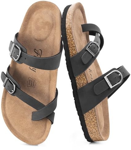 FITORY Women's Leather Sandals Comfort Cork Footbed Size 4-9 UK | Ladies Flat Suede Open Toe Slip On Slides, Toe Loop Double Adjustable Buckle Straps, Arch Support Shoes for Summer Walking