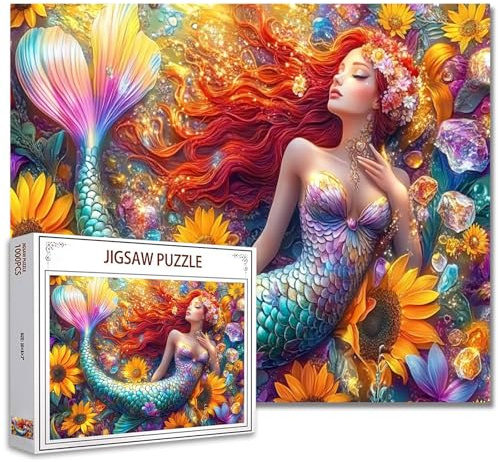 Meerjungfrau mit rotem Haar Jigsaw Puzzles für Erwachsene 1000 Teile, Glänzender Fischschwanz Traumhafte Szene Puzzle Kunst 27 x 20 Zoll DIY Puzzles für Heimdekoration, Familienpuzzle für Spieleabende