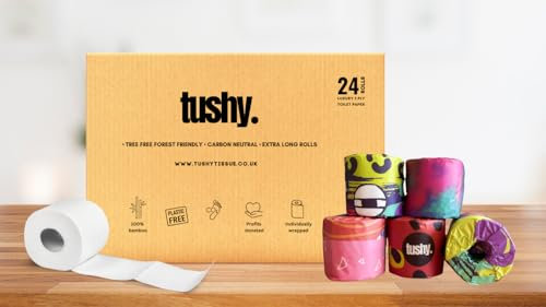 Tushy – 100% Bamboo Premium Soft Toilet Roll,300 Sheet, 24 Toilet Rolls, 3 Ply, Strong, Sustainable, Biodegradable, 100% Plastic-Free