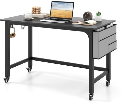 CASART Rolling Computer Desk, 120cm Metal Frame Writing Desk with Wheels, Foldable Storage Bag & Earphone Hooks, Mobile PC Laptop Table Computer Workstation for Bedroom Study Office (Black)