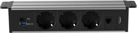 Elbe Inno Tischsteckdose (3 Steckdosen, 1 USB-A, 1 USB-C, 1 RJ45, 1 HDMI) mit 1,8 m Netzkabel. Mehrfachsteckdose für Küche und Büro, unter dem Schreibtisch, schwarz, klemmbare Tischsteckdose