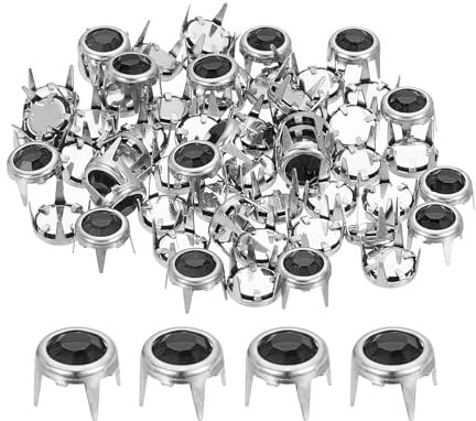 QUARKZMAN 60pcs Tachuelas de Estrás, Remaches Redondos de 6mm de Cristal Garra de Metal Perlas de Púas Punk Decorativas para Manualidades Ropa, Cinturón Bolso Zapatos Accesorios, Plata/Negro